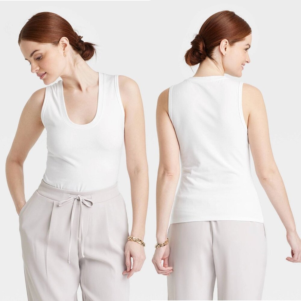 2 PACK XS - Womens U-Neck Slim Fit Tank Top - A New Day - White